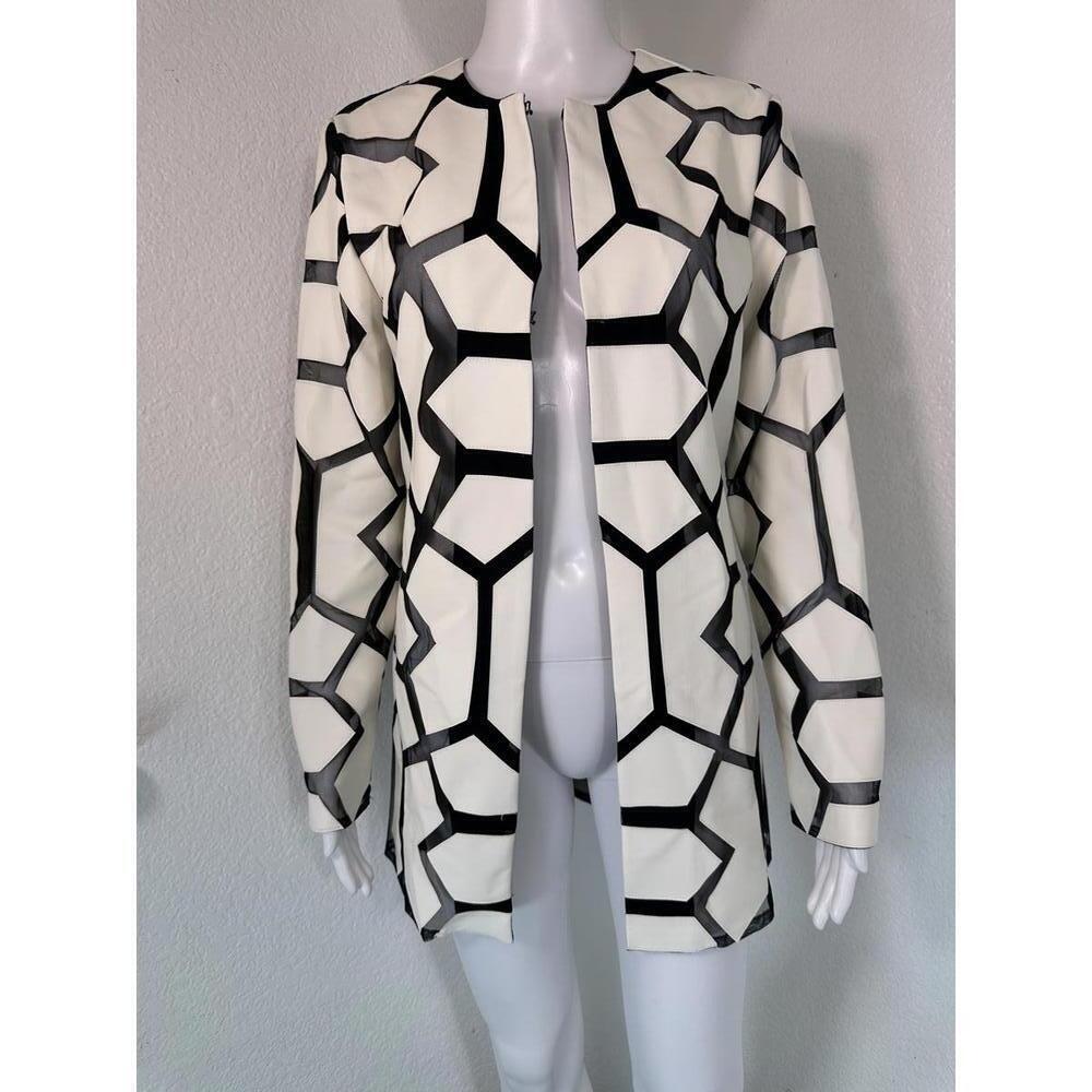 New Joseph Ribkoff S/P Black White Laser Cut Geometric Mesh Jacket Faux Leather